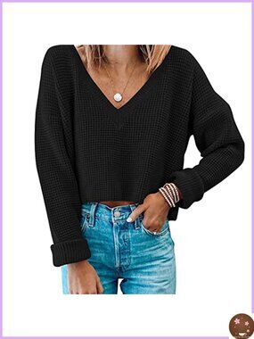 Waffle Knit Crop Sweater V Neck Long Sleeve Pullover Top